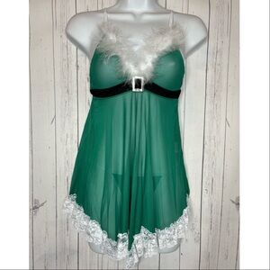 Womens Christmas Lingerie Green Santa Babydoll Chemise 2 Piece Set Lace Trim